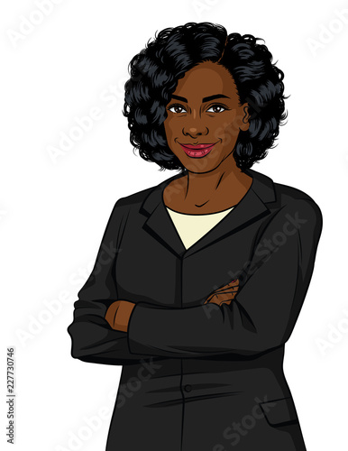 Vector color image of an African American woman isolated on white background. Successful business woman in office suit. Lady boss with arms crossed
