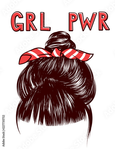 Vector sketch of a woman's hair bundle with the inscription grl pwr. Design elements for printing on T-shirts, flyers and banners. Top view of a female head with a bundle of hair and a bandage