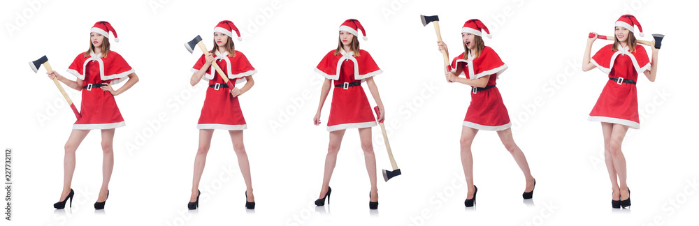 Young woman in red santa costume on white Young woman in red santa costume on white