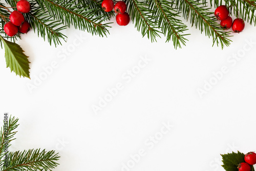 Background for Christmas and new year cards with a branch of spruce and red berries. Isolated. Copy space.