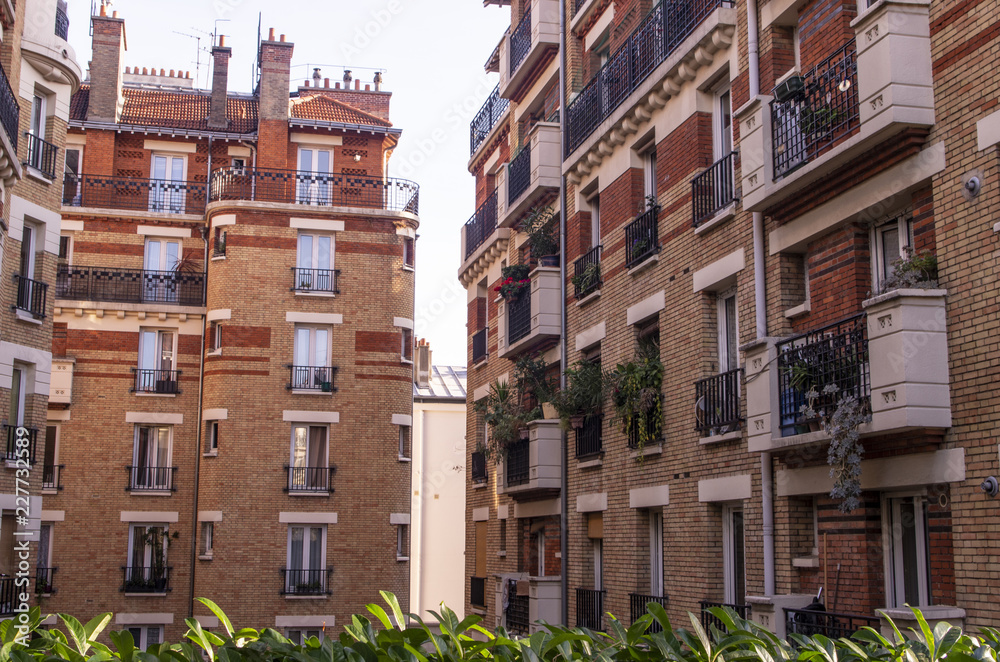 Roofs, facades, balconies and chimneys of buildings in Paris