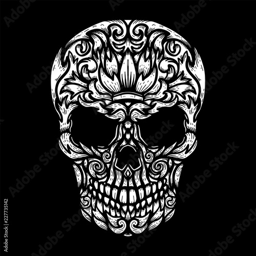 Hand Drawn Human Skull Made floral shapes. Design element for poster, t shirt.