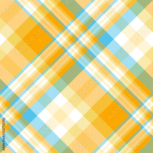 Madras plaid pattern in orange, blue and white