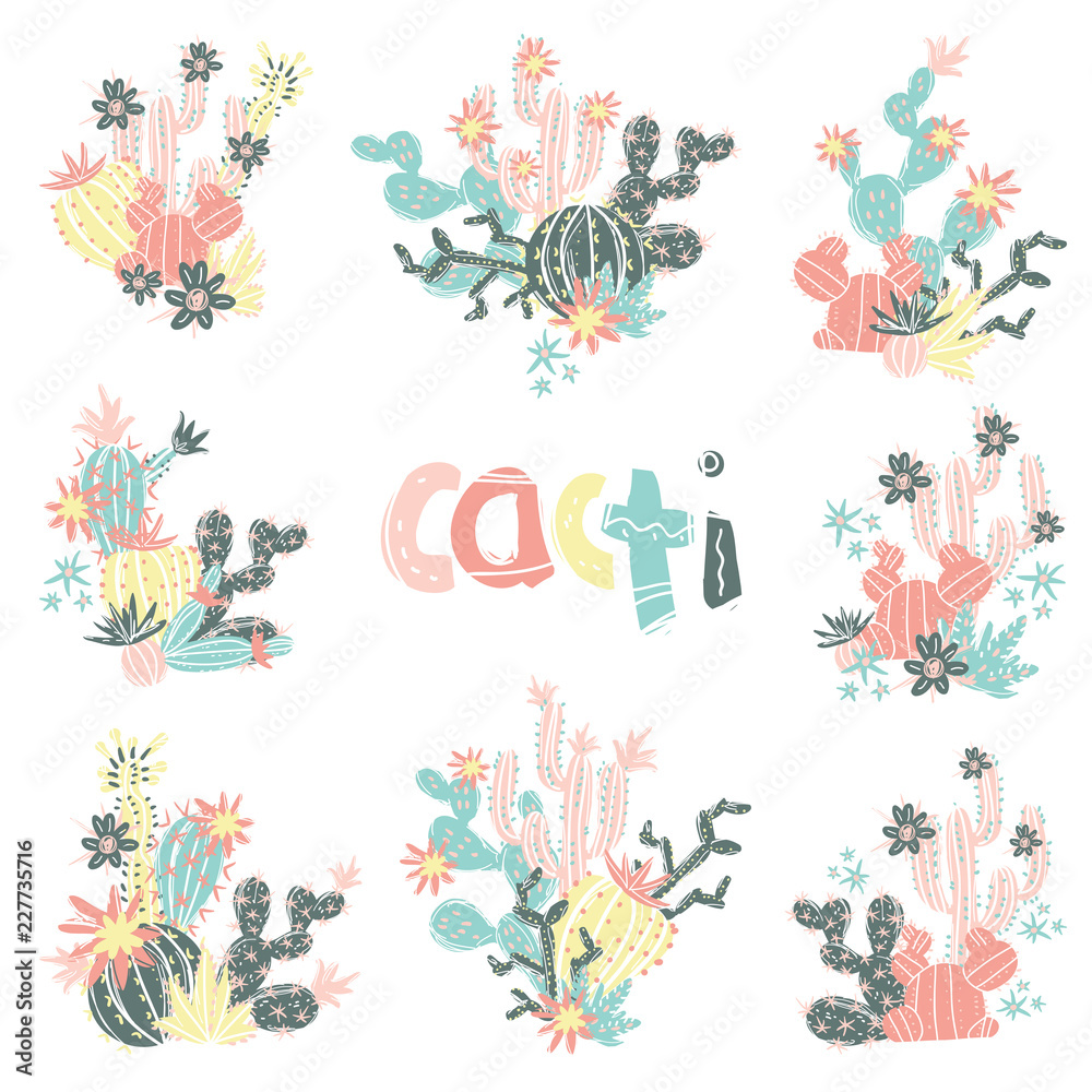 Collection of hand drawn cactus bouquets. Bright exotic succulen