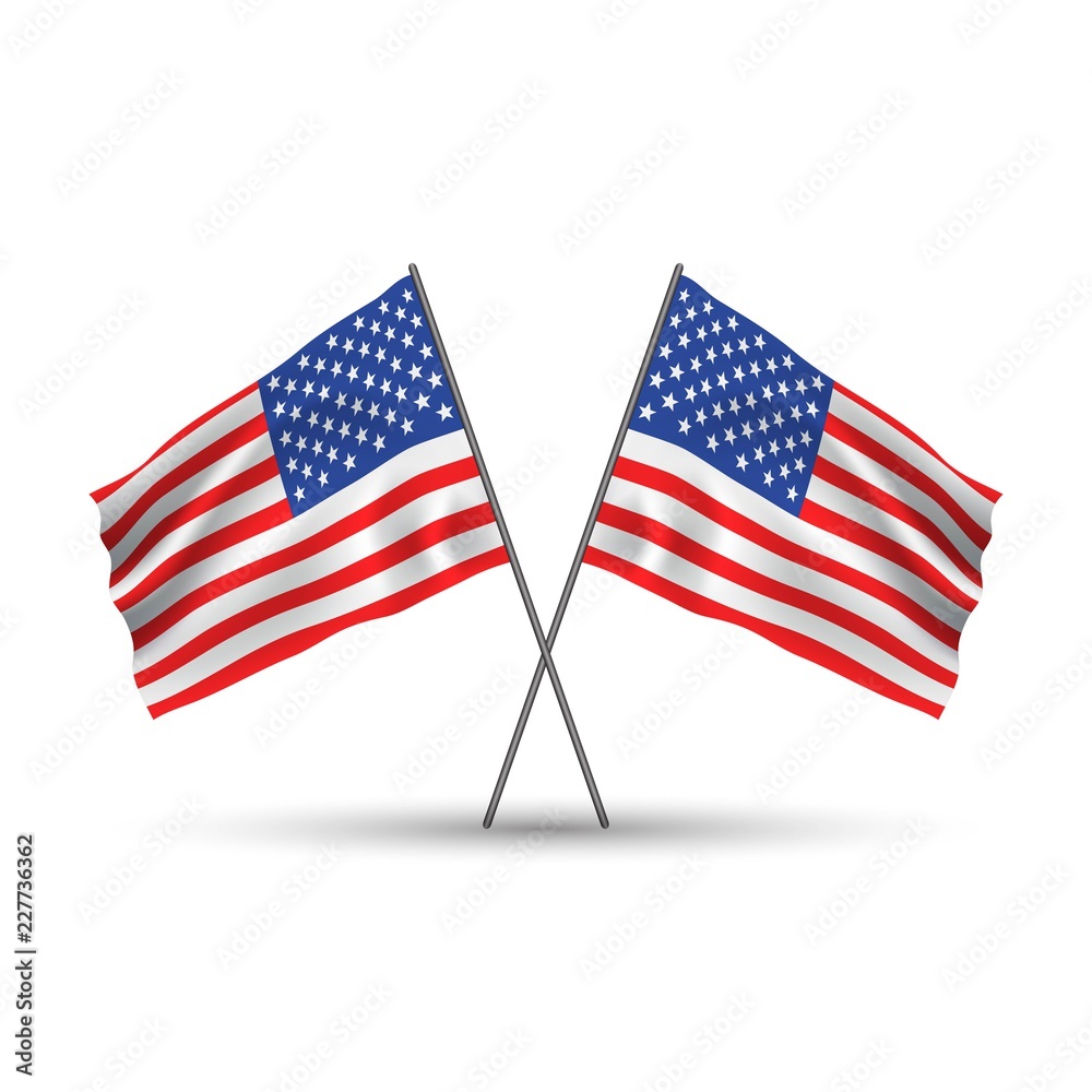 Two crossed american waving flags. Patriotic illustration. Flag of USA