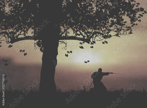 Japanese Swordsman Holding The Katana Under The Sunset