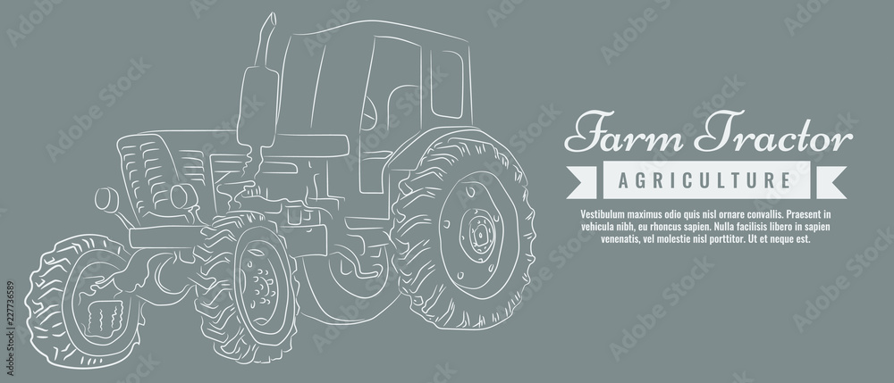 Farm tractor with sketch style line art design. Hand drawn vector illustration.