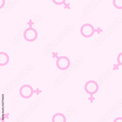 Vector seamless pattern with pink female Venus symbols on light pink background.