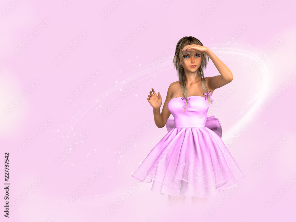 Naklejka premium Teen anime style girl in pink dress, looking at something, on pink background. 3D rendering.