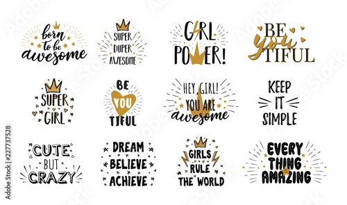 Vector mega set of  girl slogans. Print for t-shirt. Girls motivation quotes. 