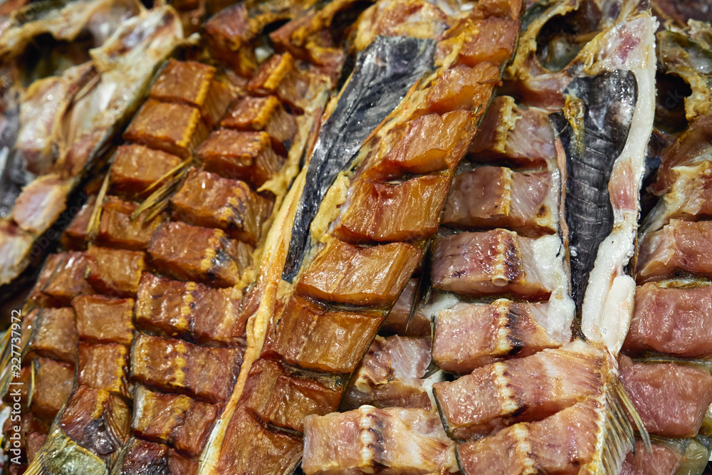 Image of smoked carp on the market in the market.