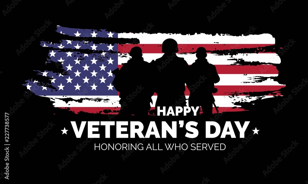 Veteran's day poster.Honoring all who served. Veteran's day illustration with american flag and soldiers - obrazy, fototapety, plakaty 