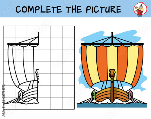 Complete the picture of viking ship. Copy the picture. Coloring book. Educational game for children. Cartoon vector illustration