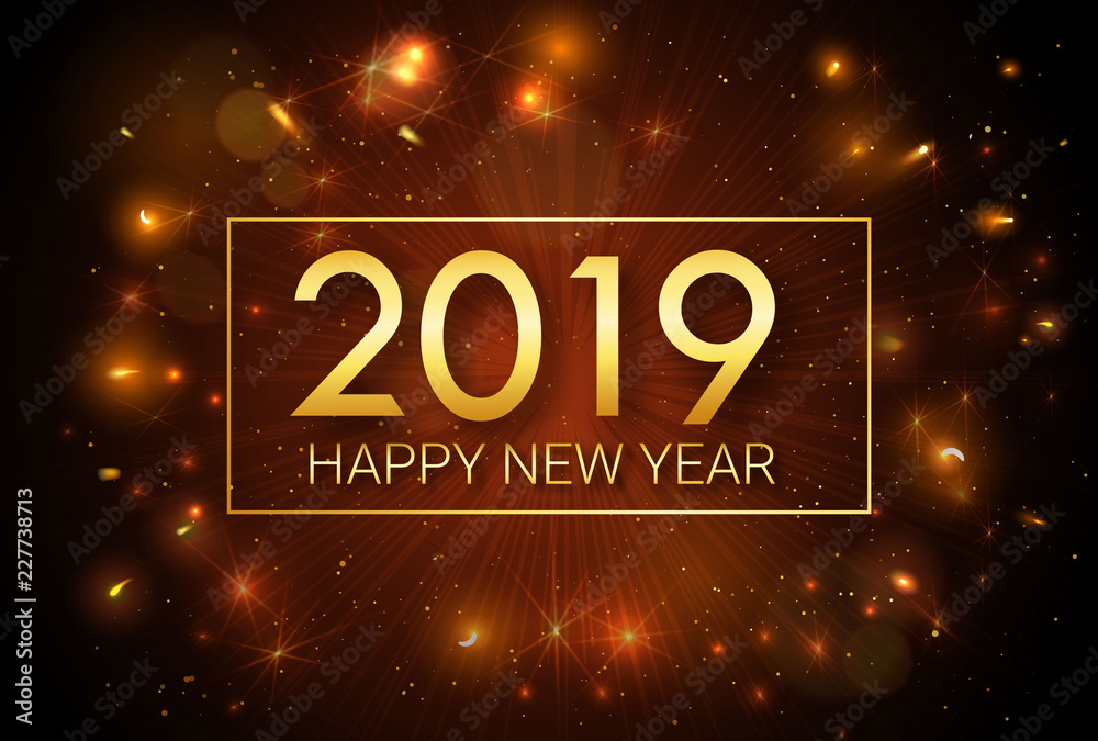 Happy New Year 2019. Greeting golden inscription on the background of fireworks. An explosion of fireworks against a dark background. Template for greeting cards, banners, invitations. Happy New Year 2019. Greeting golden inscription on the background of fireworks. An explosion of fireworks against a dark background. Template for greeting cards, banners, invitations.