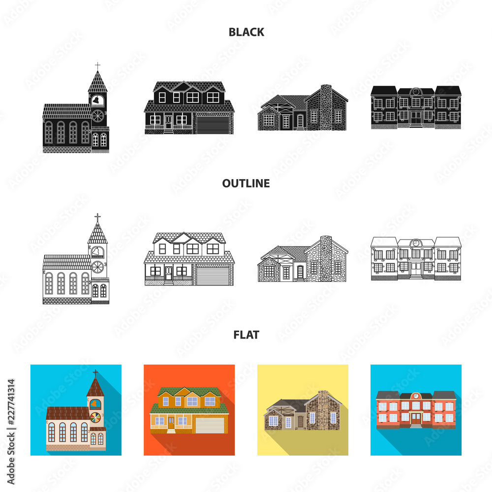 Isolated object of building and front sign. Collection of building and roof stock vector illustration.
