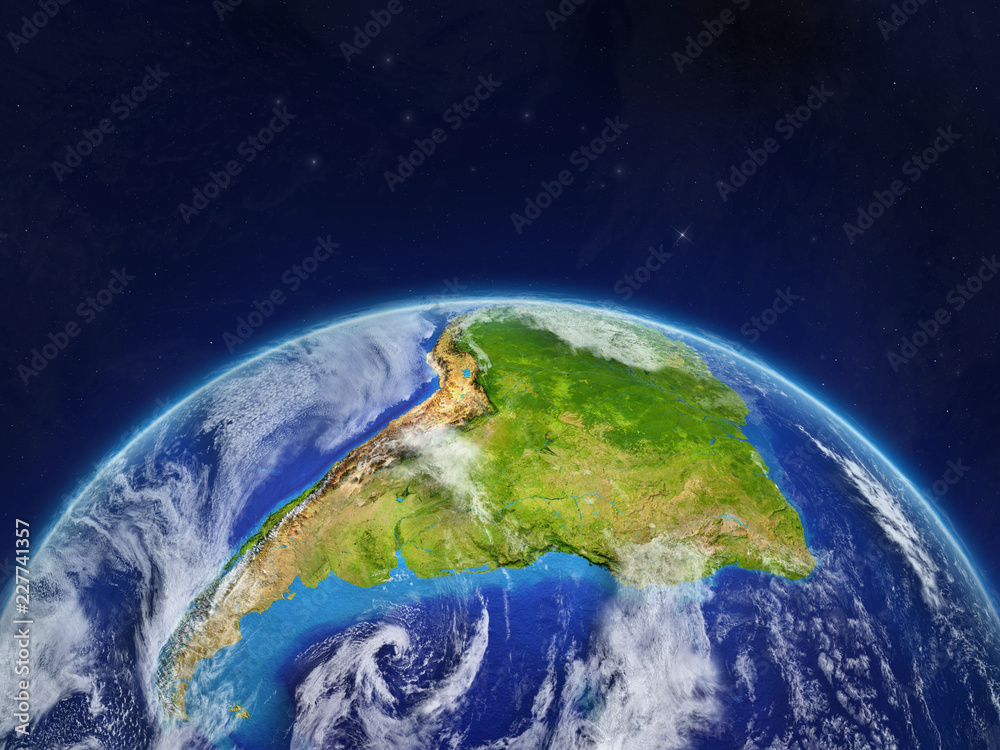 South America on planet planet Earth in space. Extremely detailed planet surface and clouds.