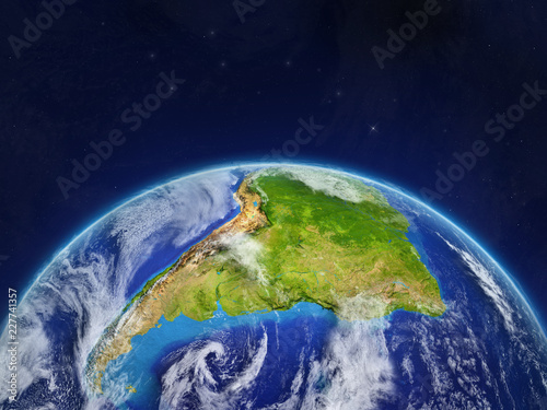 Fototapeta Naklejka Na Ścianę i Meble -  South America on planet planet Earth in space. Extremely detailed planet surface and clouds.