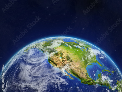 North America on planet planet Earth in space. Extremely detailed planet surface and clouds.