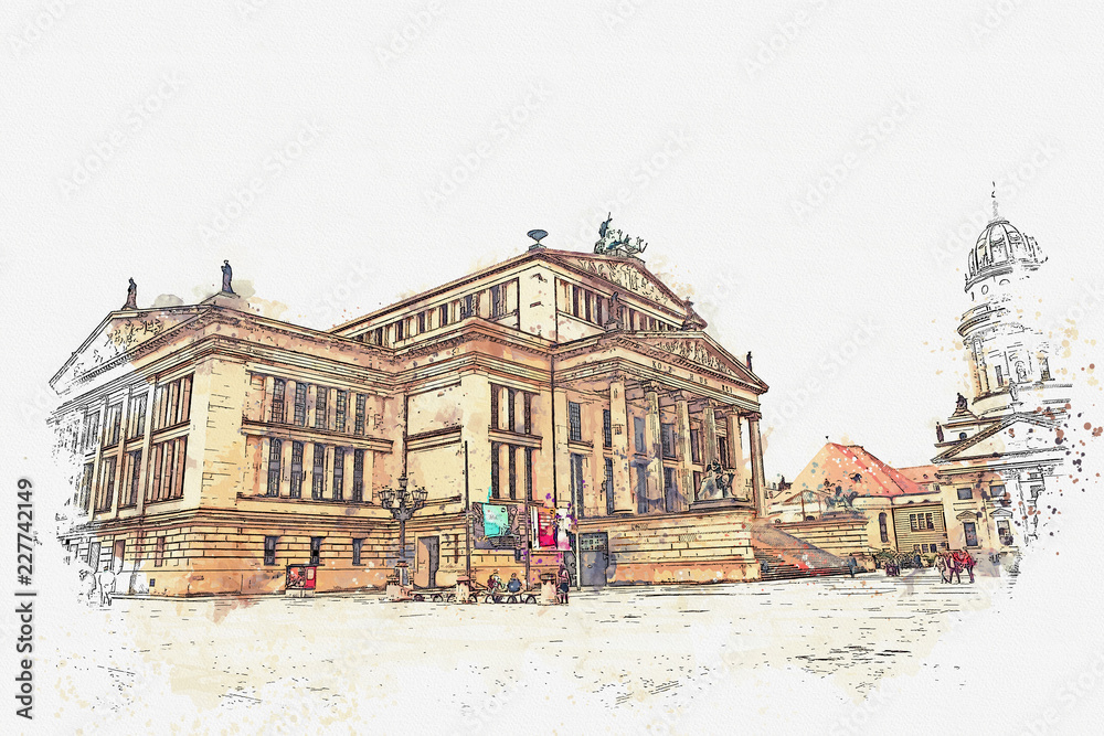 A watercolor sketch or an illustration. Concert house in Berlin in Germany.
