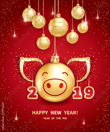 Pig is a symbol of the 2019 Chinese New Year. Realistic golden glass balls with pigs muzzle  brighting sequins on a red background. Decorative Christmas design elements. Vector illustration