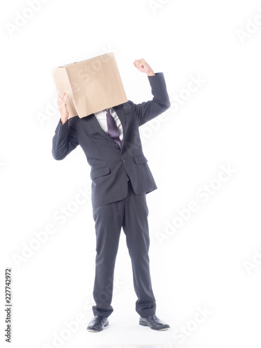 business person concept.blank space paper bag over head businessman in suit and black necktie with white background isolated.