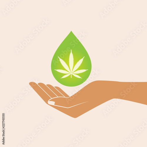 Hand holding oil drop with a marijuana leaf. Medical Cannabis oil. CBD oil cannabis extract. Natural Hemp oil. Icon product label and logo graphic template. Isolated vector illustration.