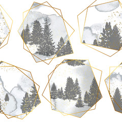 Fototapete Waldmuster Waldsilhouetten mit goldenen geometrischen Formen  © Liliya