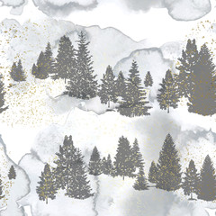 Fototapete Waldmuster Waldsilhouetten Aquarellmuster nahtlos  © Liliya