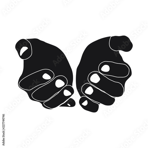 hands holding something round on white background black symbol