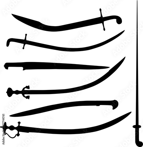 Set of east sabres, knife, sword outline black isolated