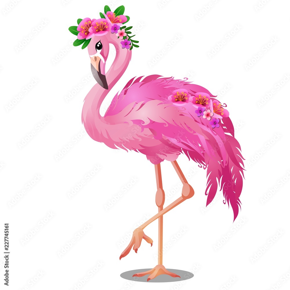 Naklejka premium Piękny ptak Pink Flamingo z kwiatami na białym tle. Szczegół ilustracja kreskówka wektor.