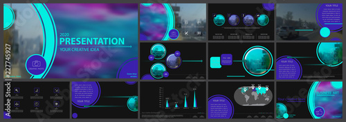 Multifunctional multi-color presentation template. Vector set, elements of infographics, black background. Postcard,postcard,corporate report, marketing, advertising, banners.Track,photo,annual report