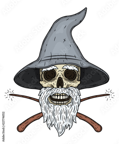 Skull. Wizard's skull with crossed wands. Vector illustration