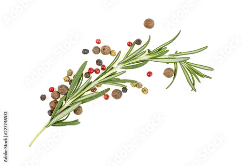 Fresh organic rosemary and peppercorn isolated on white background