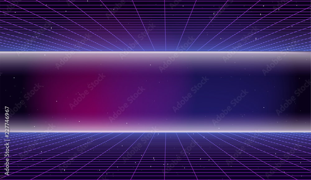 Fototapeta Retro futuristic background 1980s style. 80s retro sci-fi background. Bright abstract retro background made in 80s style. Digital landscape in a cyber world with neon grids in vintage style. Space