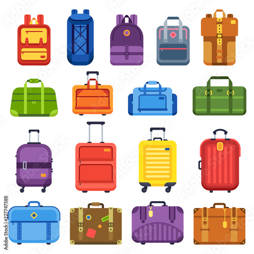 Baggage suitcase. Handle travel bag, luggage backpack and business suitcases isolated flat vector set