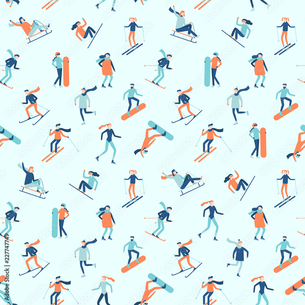 Snowboarding and skiing seamless pattern. Winter sport activities, young people on ski or snowboard vector background