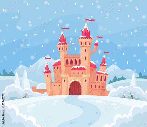 Fairy tales winter castle. Magical snowy landscape with medieval castle cartoon vector background illustration