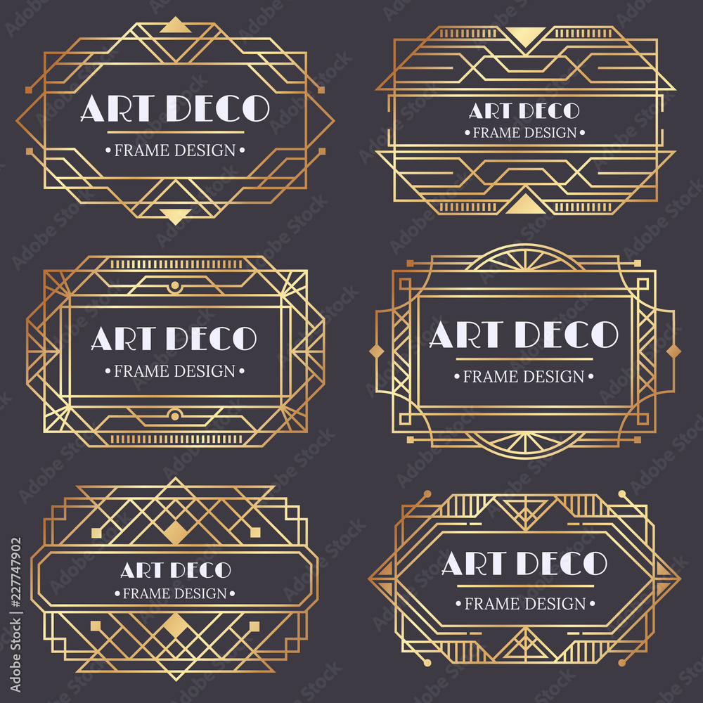 Art deco frame. Antique golden label, luxury gold business card letter