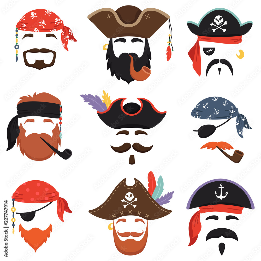 Carnival pirate mask. Funny sea pirates hats, journey bandana with  dreadlocks hair and smoke pipe isolated masks vector set Stock-Vektorgrafik  | Adobe Stock