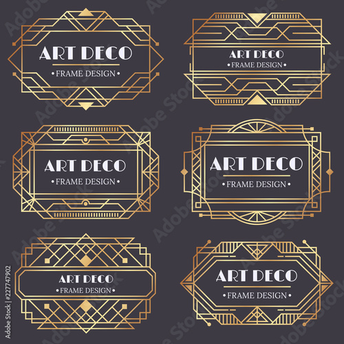 Art deco frame. Antique golden label, luxury gold business card letter title and vintage ornaments frames design vector elements