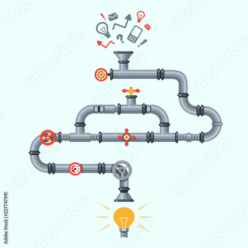 Ideas generator. Idea generation machine, industry pipeline factory machines with lighting lamp. Business process vector concept