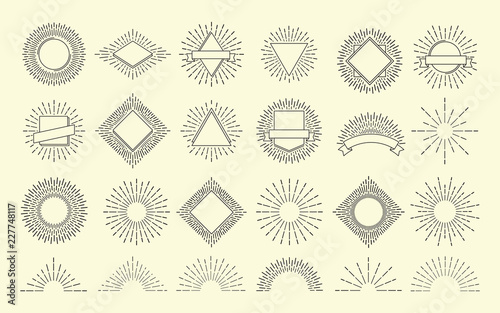 Sunburst set. Vintage burst radial emblem. Sunrise explosion frames. Sunshine vector hipster graphic isolated