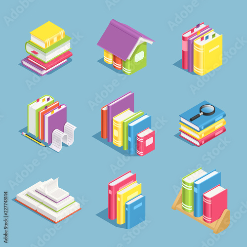 Isometric books. Pile of book, open and closed textbooks. Library and education 3d vector icons