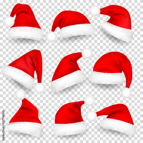 Christmas Santa Claus Hats With Fur and Shadow Set. New Year Red Hat Isolated on Transparent Background. Winter Cap. Vector illustration.