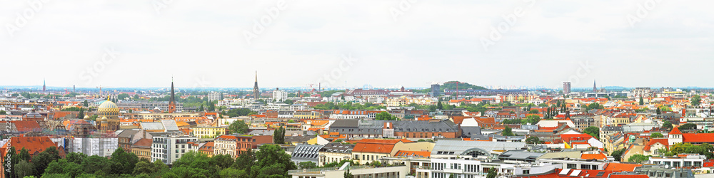 Berlin, Germany, panoramic cityscape. Aerial view of central Berlin from the top of Berliner Dom. View of downtown from above. Skyline and scenery the city. New synagogue