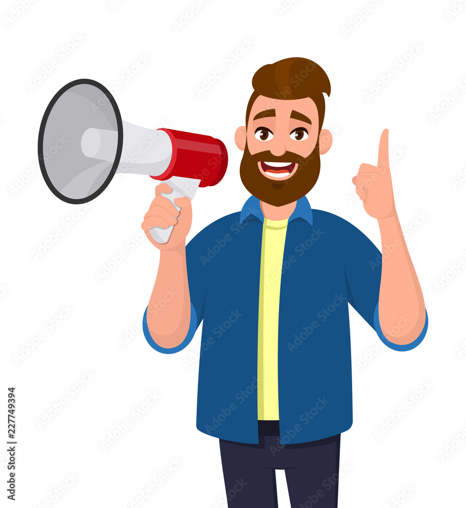 Man holding a megaphone/loudspeaker and announcement something or shouting and pointing up index finger. Megaphone concept illustration in vector cartoon style. Man holding a megaphone/loudspeaker and announcement something or shouting and pointing up index finger. Megaphone concept illustration in vector cartoon style.
