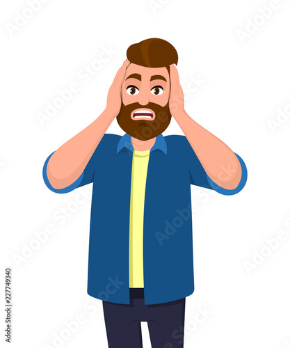 Man covering/closing his ears with hands and making a don't hear/listen gesture. Man does not want to hear or listen. Concept illustration in vector cartoon flat style.
