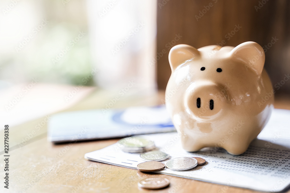 Piggy bank with coins and saving book bank - obrazy, fototapety, plakaty 