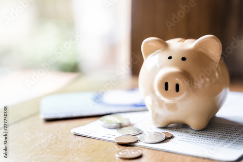 Obraz na płótnie Piggy bank with coins and saving book bank
